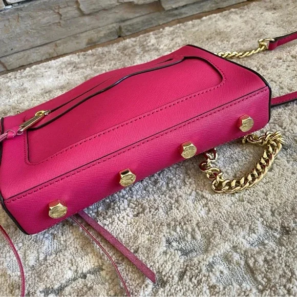 REBECCA MINKOFF Avery Saffiano Leather Crossbody Bag Fuchsia Pink Gold Chain - Picture 7 of 14